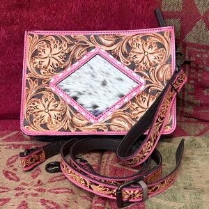 Tooled Leather Clutch with Hair-on-Hide Diamond Accent - Pink Trim